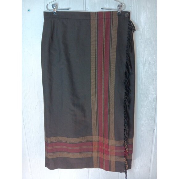 August Max Woman Wrap Maxi Skirt Plus 14W Brown Button Fringe Stripe Academia - Picture 1 of 9